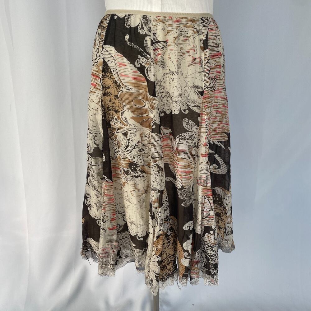 Boho Midi Skirt Size 16 Brown Pink Raw Hem Silk Artsy Fairy Grunge Whimsigoth